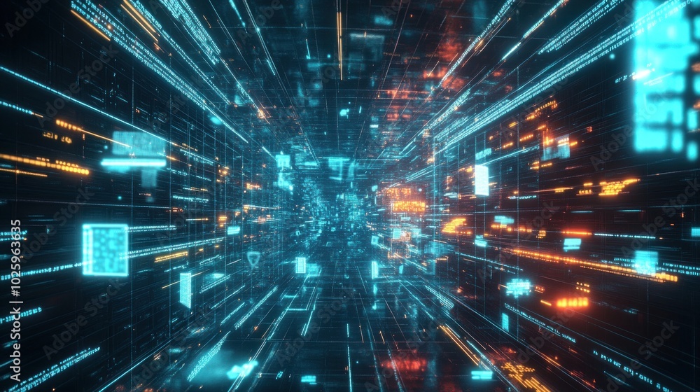 Poster a futuristic digital landscape with glowing lines and data elements in motion.