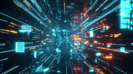 Obraz premium A futuristic digital landscape with glowing lines and data elements in motion.