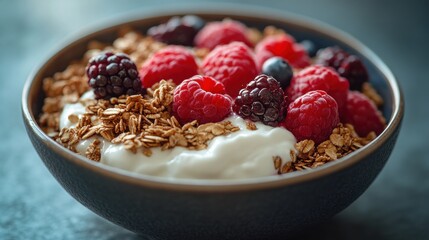 Delicious Yogurt Bowl with Fresh Berries and Crunchy Granola in Morning Light