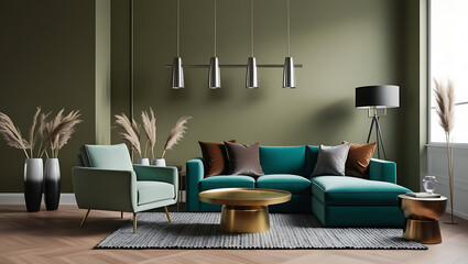 Modern luxury interiors designs. Empty painted wall.dark accent furniture and blank background.Bedroom interior trend 2024 year Modern luxury apricot room interior home designs