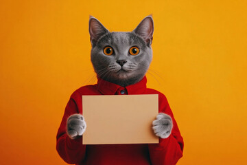 Cat in red sweater holding blank paper, eyes curious. Background of cozy room with soft lighting, hint of a window. Playful charm captures attention.