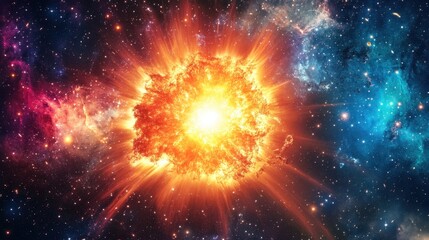A bright, glowing supernova star, bursting with energy and light, surrounded by a field of distant stars in the cosmic background.