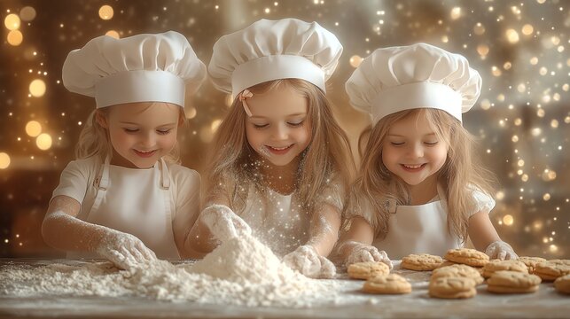 Kids baking cookies in festive kitchen atmosphere