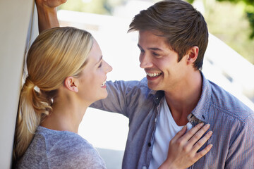 Couple, love and connection for bonding, relax and relationship outdoor with support on weekend. Man, woman and happy for care, date and embrace with romance, smile and loyalty together as partner