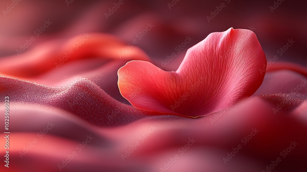 Poster single rose petal drifting over an abstract red and pink gradient with subtle curves and light textu