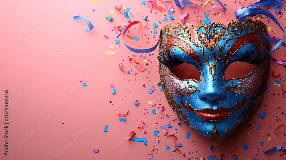 Aufkleber striking carnival mask in bold and vibrant colors surrounded by playful confetti and streamers on a 