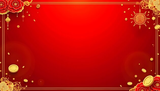 A luxurious Happy Chinese New Year background vector featuring intricate Chinese patterns and gold coins on a rich red background. The design is elegant and festive, perfect for wallpaper, banners. 