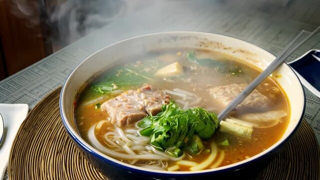 360-degree video of a steaming bowl of pho with chopsticks, on a placemat, with three-point lighting