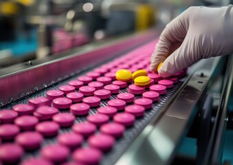 Worker inspects pink tablets on a production line in a pharmaceutical facility