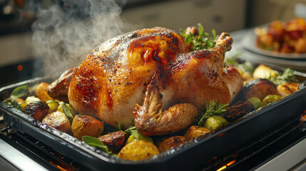 Fototapeta premium Roasted Turkey Feast: A mouthwatering, golden-brown turkey, glistening with savory juices, is roasted to perfection, surrounded by golden potatoes and Brussels sprouts in a rustic, homey setting.