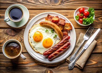 Hearty Breakfast Spread with Fried Eggs, Sausage, Bacon, and Coffee for Food Photography