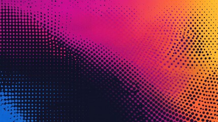 A vibrant gradient background with halftone dots in pink, orange, and blue hues.