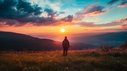 Fototapeta premium Silhouette of a person standing on a mountain top, enjoying the sunset with vibrant skies