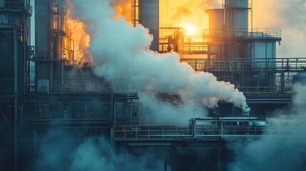 Industrial processing facility with smoke and machinery 