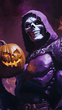 Skeletor Joyfully Embracing Halloween Spirit with a Grinning Pumpkin
