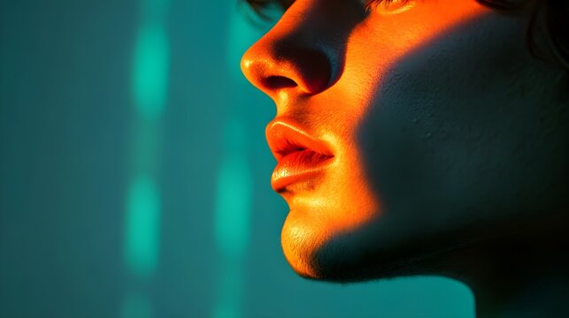A young man's face in profile, illuminated by neon light, casting sharp shadows and vibrant color gradients of green and orange across his features