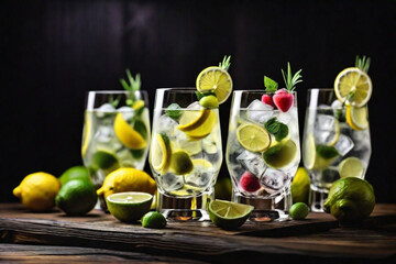 Fototapeta premium Refreshing summer cocktails with lime and mint arranged on a wooden surface in low light