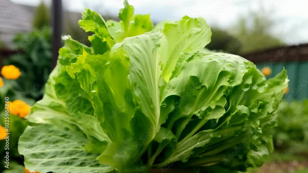 Aufkleber camera movement and effects: 360 degree rotating video of fresh lettuce in a garden setting with nat