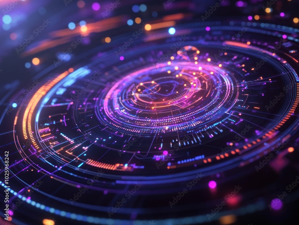 Poster an interactive data technology background, with touch-sensitive elements like spinning graphs, click