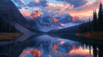 Scenic view of mountains reflecting in serene lake at sunset
