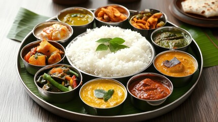 Authentic Indian food with a focus on regional delicacies, showcasing both North Indian and South Indian cuisine on a single table