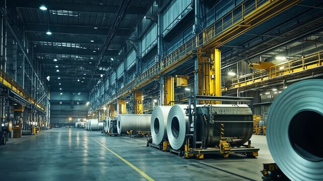 Rolls of metal are transported on a track system in a large industrial factory
