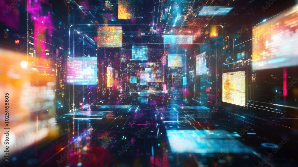 Poster a digital landscape filled with vibrant data streams and screens, symbolizing technology and connect