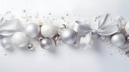 Silver Christmas balls, stars, pine cones and spruce branches in a row covered with snow on white background in winter. Horizontal composition.