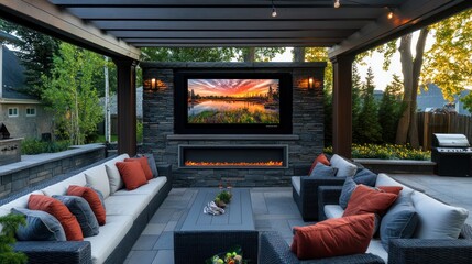 Outdoor Living Space with Fireplace and TV