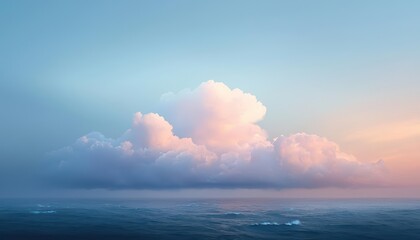 Serene cloud formation over calm ocean waters during sunset, creating a tranquil seascape atmosphere.