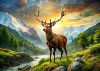 Ice Age Irish Elk in a Pristine Landscape - Majestic Antlers and Vast Wilderness