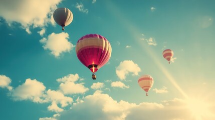 Obraz premium Colorful hot air balloons floating gracefully against a bright blue sky, capturing the sense of adventure, freedom, and peaceful travel through the skies