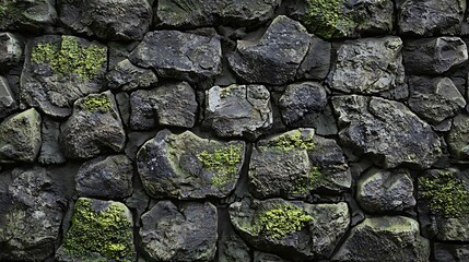 Textured stone wall with moss on a dark, natural background.