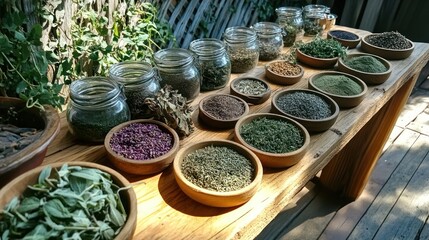 Fototapeta premium Herbs and spices curated for sustainable farming workshops, promoting traditional, eco-friendly farming methods, perfect for community education and regenerative agriculture projects.
