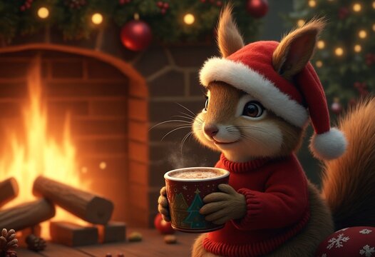 Anthropomorphic squirrel in a Christmas-themed outfit holding a cup of hot cocoa by the fireplace, warm and cozy scene showcasing detailed Christmas ambiance