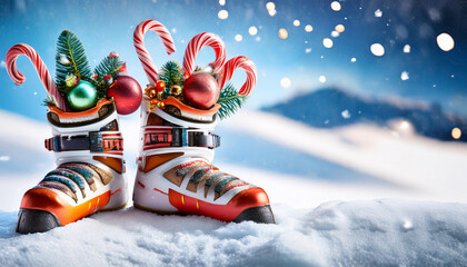Ski Boots Filled with Candy Canes and Ornaments
