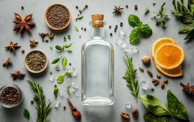 Empty gin bottle surrounded by aromatic herbs, spices, and citrus fruits on grey background, showcasing ingredients for craft gin making