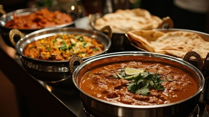 Indian food catering for corporate events, featuring a luxurious spread of curries, tandoori, and breads, beautifully presented in silver chafing dishes