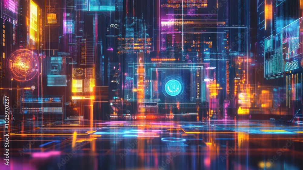 Poster a vibrant digital landscape filled with glowing data streams and futuristic interfaces.
