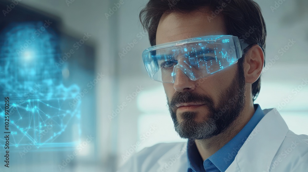 Poster Man Wearing Augmented Reality Glasses Looking at Digital Data