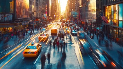 Obraz premium A bustling city street at sunset, showcasing traffic and pedestrians in motion.