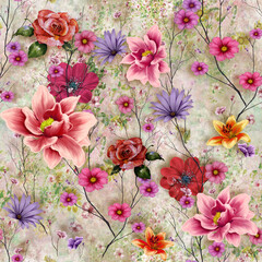 Watercolor painting of leaf and flowers, seamless pattern background