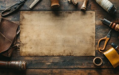 Antique leatherworking tools surrounding weathered parchment on rustic wooden table, ideal for artisanal craft and DIY concepts
