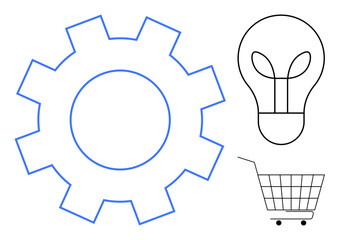 Large gear, lightbulb, and shopping cart. Ideal for business, innovation, commerce, technology, and entrepreneurship themes. Simple minimalist design. Black and blue lines. Conceptual modern vector