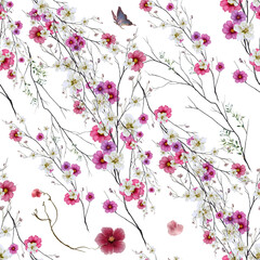 Watercolor painting of leaf and flowers, seamless pattern on white background