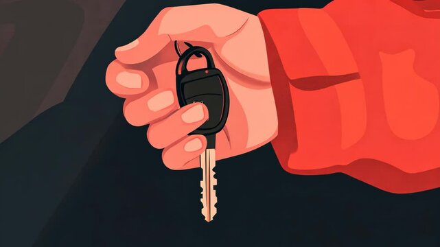 A hand holds a car key with a red sleeve in the background