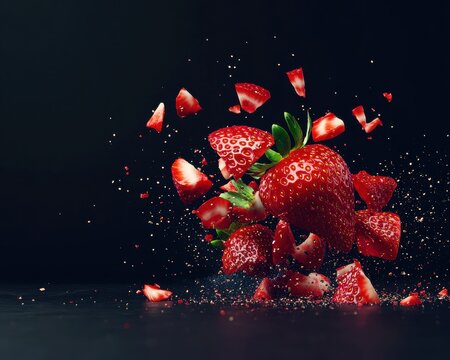Exploding strawberry with flying pieces and juice on a black background