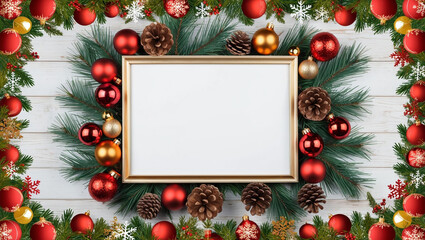 Christmas background with a white frame, red and gold ornaments, pine branches, pinecones, and a wooden texture. Perfect for holiday invitations or greeting cards.
