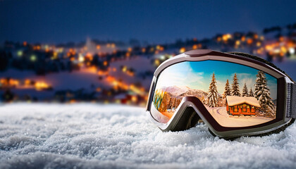 Obraz premium Ski Goggles Reflecting a Christmas Village