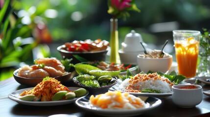 A scenic breakfast table featuring patongko alongside traditional Thai dishes, with fresh herbs and colorful garnishes enhancing the presentation.